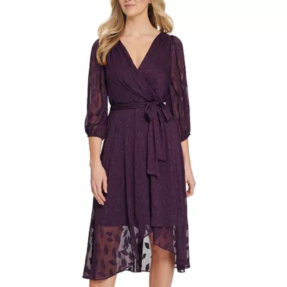 DKNY purple sheer-layered belted midi dress